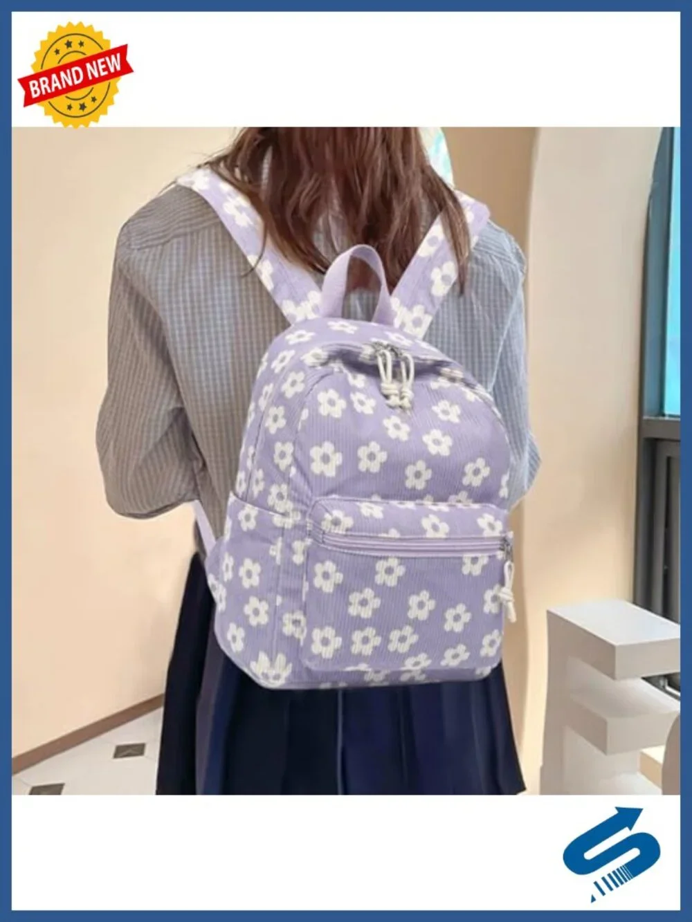 Corduroy Mini Backpack Purse for Women Floral Daypack School Bookbag with
